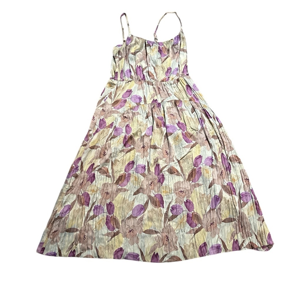 VINCE Nouveau Magnolia Crushed Satin Cami Midi Dress M Pleated Floral Print - Picture 5 of 7